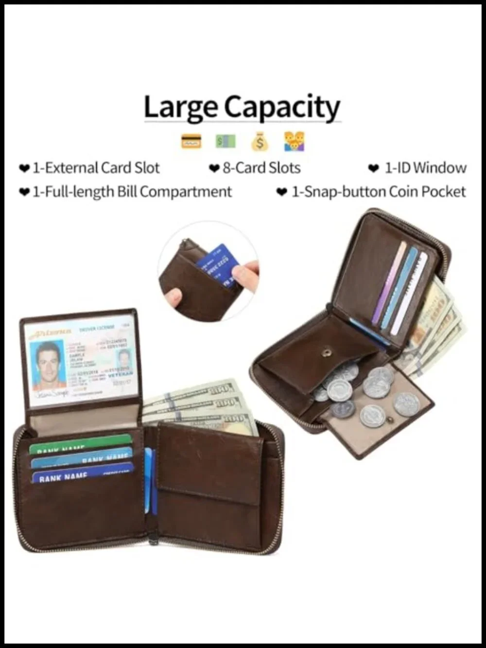 Vegan Leather RFID Blocking Zipper Bifold Wallet with ID Window Large Capacity